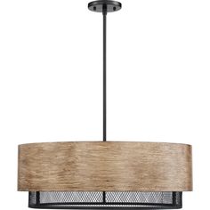 a light fixture with a wood and mesh shade hanging from it's center point