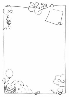 a black and white drawing of an empty paper with balloons, flowers and butterflies on it