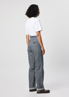 Hickory stripe 80's painter pant round back pocket By Stan Ray Striped Carpenter Pants Outfit, Pin Stripe Work Pants, Painter Pants Outfits Women, Railroad Stripe Pants Outfit, Painters Pants Outfit, Utility Pants Outfit Street Style, How To Style Striped Pants, Painter Pants Outfit, Hickory Stripe Pants