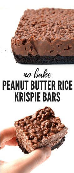 no bake peanut butter rice krispie bars on a white background with text overlay