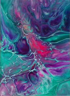 an abstract painting with blue, purple and green colors on it's surface is featured in this image