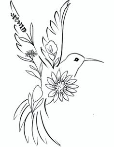 a black and white drawing of a hummingbird with flowers in it's beak