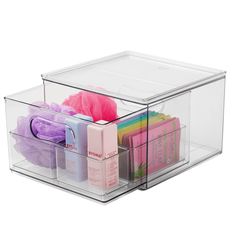 a clear plastic container filled with lots of different items