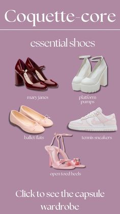 Essential shoes for coquette core capsule wardrobe, coquette style aesthetic, lana del rey, dolette, lolita core, styling, fashion, trends, springtime, spring aesthetic, girlie pink princess girl, mary janes, ballet flats, cute pumps, platforms, open toed shoes sandal hills, nike tennis sneakers, footwear Coquette Shoes Aesthetic, Coquette Footwear, Ballet Core Shoes, Princess Shoes Aesthetic, Shoujo Shoes, Coquette Sneakers, Coquette Shoes