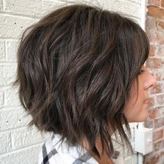 Dark Brown Razored Bob Bob Haircuts For Women Stacked, Angled Bob Hairstyles With Bangs, Short Shaggy Bob Choppy Layers, Razored Bob, Brunette Bob, Textured Haircut, Thick Wavy Hair