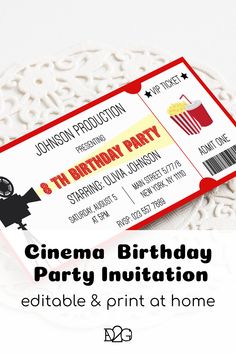 a birthday party ticket sitting on top of a white plate