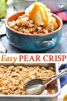 an easy pear crisp recipe in a blue bowl