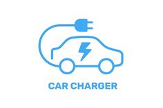 an electric car with a charger plugged into it's trunk and the words, car charger