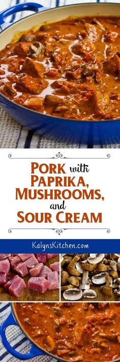 pork with mushroom and sour cream in a blue pan