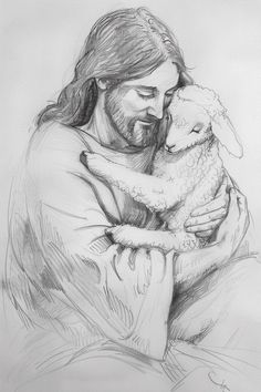 a pencil drawing of jesus holding a lamb