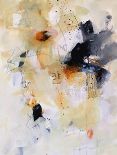 an abstract painting with black, yellow and white colors