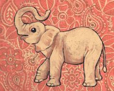 an elephant painted on the side of a red wall with paisley designs in the background