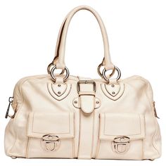 COLOR: Cream MATERIAL: Leather MEASURES: H 15” x L 16” x D 5” DROP: 6” CONDITION: Good - stains, scuffs, indentations, rubs to the bottom. Light signs of use. Discoloration. Made in Italy Bottom Light, Marc Jacobs Handbag, Cream Bags, White Handbag, Fancy Bags, Woman Bags Handbags, Marc Jacobs Bag, Pretty Bags, Pocket Top