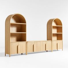 the bookcase is made out of wood and has two open doors on each side