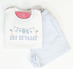 The perfect promotion gift for any big brother! If you wish to add a name or change the font style, just let us know! The embroidered design is placed on a high quality white shirt/onesie. Shirts are 100% combed cotton with a ribbed neckline and run true to size. Sizes range from 6 month-8. Brands used are Blanks Boutique or ARB Blanks depending on availability. Current production time is 3-5 business days not including shipping time. If you need your item sooner, please feel free to message me Baby Boy Monogram, Big Brother Little Brother, Boy Monogram, Big Brother Shirt, Brother Embroidery, Monogram Shirts, Brother Shirts, Baby Brother, Boy Clothes