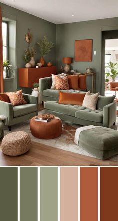 a living room filled with furniture and lots of color swatches in shades of green