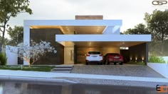 two cars parked in front of a modern house