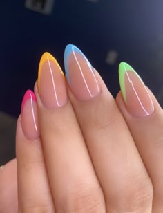 Nail Designs Color Tips, Colored Nail Tips Almond, Multicolored Almond Nails, Almond Nails Different Colors, Multicolored Nail Designs, Almond Nails Designs Summer Ideas, Multi Colored French Tip Nails, Neon Tip Nails, Rainbow Tip Nails