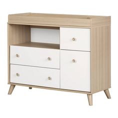 a white and wood dresser with two drawers