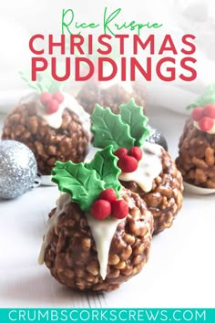 three christmas puddings on a plate with holly decorations