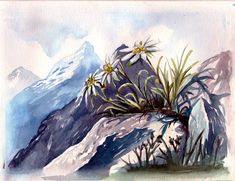 a watercolor painting of mountains with flowers growing out of the rocks and grass in the foreground