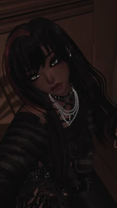 a woman with long black hair and pearls on her neck, standing in a dimly lit room