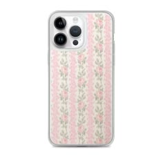 an iphone case with pink and green flowers on the front, sitting against a white background