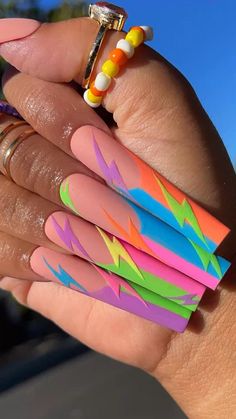 Creative Long Nails, Neon Baddie Nails, Hand Painted Acrylic Nails, Square Acrylic Nails Colorful, Long Acrylic Nails Colorful, Sick Nail Designs, Colorful Stiletto Nails, Nails 2023 Trends Summer Long, Spring Long Acrylic Nails