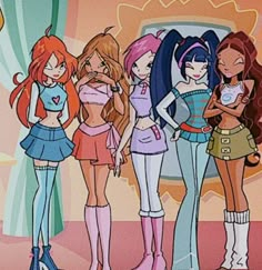 four cartoon girls standing together in front of a tv