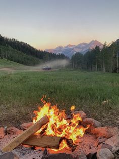 a campfire in the middle of a field with mountains in the background