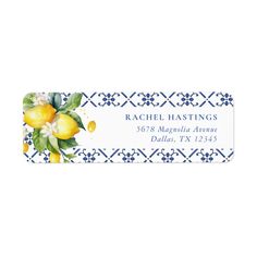 a blue and white address sticker with lemons on the front, in an ornate pattern