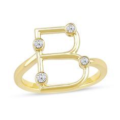 Sparkle in your new signature style with this playful lab-created diamond letter "B" ring. Sterling silver with 14K gold plate Bezel-set certified lab-created diamonds dot the sculpted letter "B" Polished bypass shank F color/VS2 clarity Includes certification card 1/8 ct. t.w. of lab-created diamonds Bubble Letters, Letter B, Lab Created Diamonds, Ring Sterling Silver, Bezel Setting, Signature Style, Sterling Silver Rings, Gold Plate, Lab