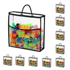 a bag filled with lots of colorful legos next to smaller bags full of them