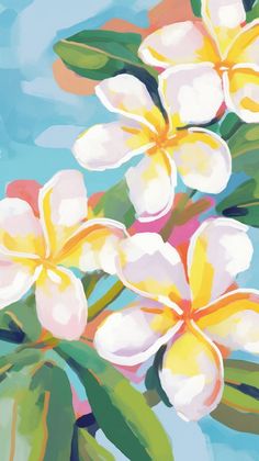 a painting of white and yellow flowers on a blue background