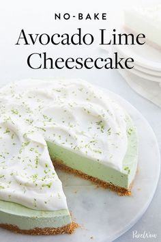 no - bake avocado lime cheesecake on a plate with one slice missing