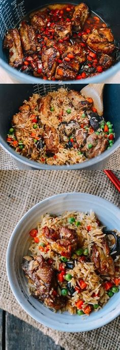 two pictures showing different types of food being cooked in large pans on the table