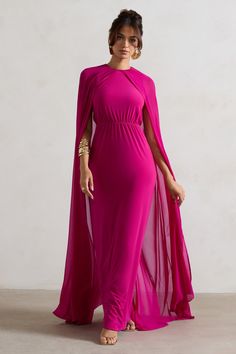 Dark Pink Maxi Dress, Chiffon Cape, High Neck Maxi Dress, Club L London, Black Dress Prom, Black Tie Gala, Party Dress Long Sleeve, Pink Maxi, Bridesmaid Outfit