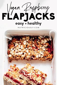 vegan raspberry flapjacks in a white box with text overlay