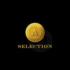 a gold coin with the word selection on it's front and side, against a black background