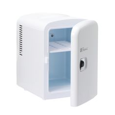 a white mini fridge with the door open