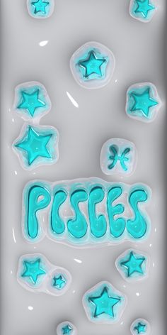 some blue stars and the words piscies on them are all in different shapes