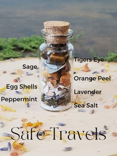 Safe travels spell jar photo with labels of what is inside- Tigers eye, sage, orange peel, egg shell, Lavender, peppermint, sea salt Safe Travel Spell Jar, Travel Spell Jar, Safe Travels Spell Jar, Spell Jars Love, Safe Travels Spell, Spell Jars Recipes, Bottle Spells, Intention Jars, Witch Bottle