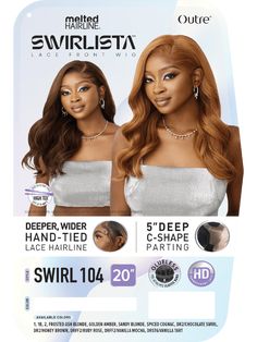 Melted Hairline SWIRLISTA SWIRL 104 Lace Front Wig. Heat resistant fiber. Colors shown are DR2/CHOCOLATE SWIRL, GOLDEN AMBER. Approximately 20" inches Light Yaki, Wavy style. Super Natural Shape and Density. Deeper, Wider Hand-Tied Lace Hairline. Pre-plucked with Precision. Soft Transparent HD lace. Redesigned comfort fit ear contour. 5" Deep C-shape parting. Comes with average-size cap and adjustable straps. Cap comes with front and back combs. Manufactured by Outre. Caramel Swirl Hair, Chocolate Brown Lace Front Wig, Toffee Swirl Hair, Outre Melted Hairline Wigs, Outre Half Wig, Outre Wigs, Outre Seraphine Wig, Back Combing, Mocha Chocolate