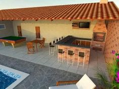 a 3d rendering of a house with pool and outdoor furniture