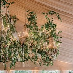 a chandelier hanging from the ceiling with greenery on it and lights in the middle