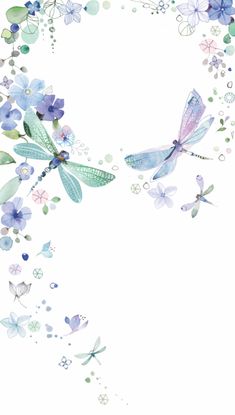 watercolor painting of blue flowers and dragonflies