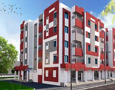 an artist's rendering of a red and white apartment building