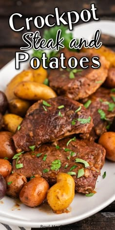 Crockpot steak and potatoes on platter, with Pinterest overlay. Crock Pot Beef And Potatoes Recipes, Beef Potato Crockpot Recipes, Beef Crop Pot Recipes, Crock Pot Best Recipes, Crock Pot Meal With Potatoes, Slow Cooker New York Strip Steak, Crockpot Recipes Round Steak, Garlic Beef Tips And Potatoes Crock Pot, Beef Stew Meat And Potatoes Crock Pot