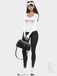 a woman in white shirt and black leggings holding a bag