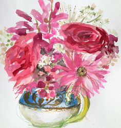 watercolor painting of pink flowers in a blue and white vase on a white background